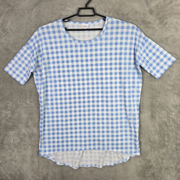 Womens LuLaRoe Blue & White Gingham Top Short Sleeve Polyester Spandex Size L - Picture 2 of 8